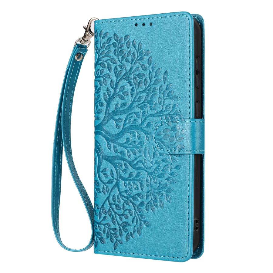 Embossed Tree Wristband Phone Case for Samsung S25 S24 S23 S22 S21 A56 A55 A54 A53 PU Leather Card Slots Wallet Case for iPhone 17 16 15 14 13 12 11