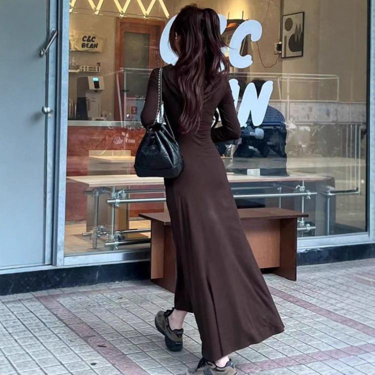 French Navy Blue Hooded Dress Women's Autumn New Long-sleeved Bottom Slim and Thin Hip-wrapped T-shirt Long Dress