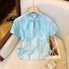 Blue jacquard short-sleeved shirt women's summer new temperament retro buckle retro top thin