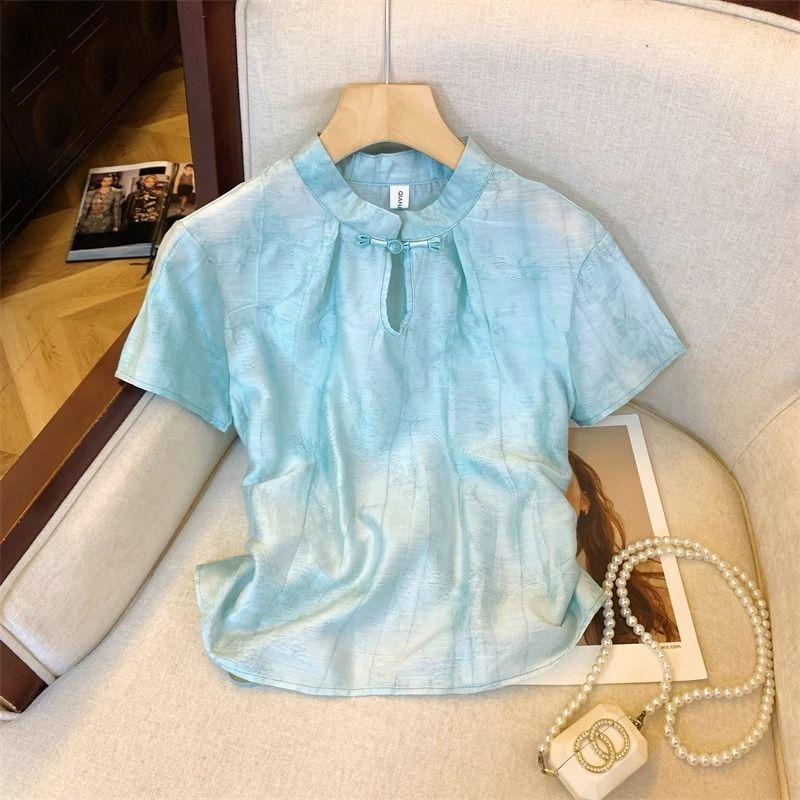 Blue jacquard short-sleeved shirt women's summer new temperament retro buckle retro top thin
