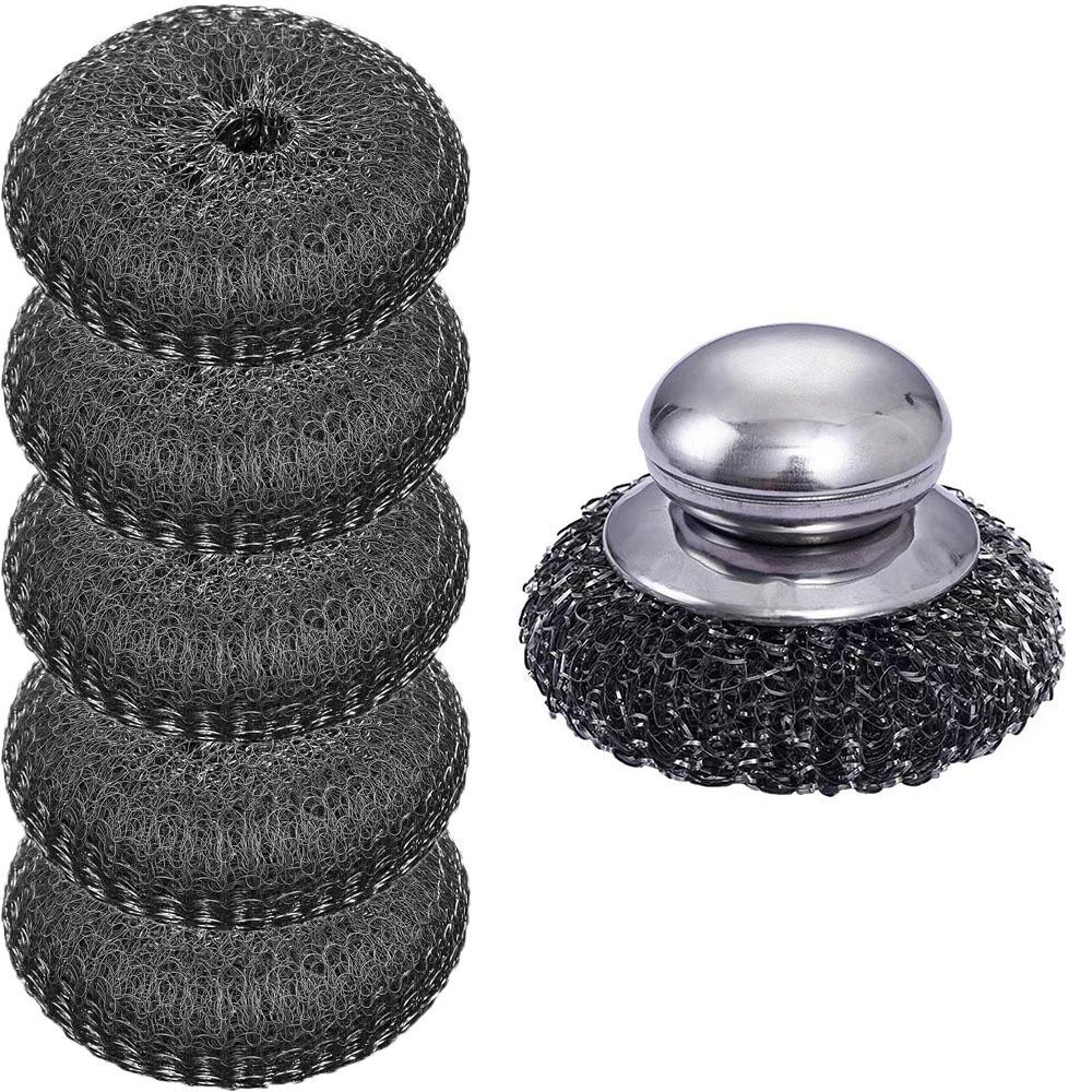 6Pcs Heavy Duty Stainless Steel Scrub Brushes Set Dishwashing Wire Ball  Dish Cleaning 1 brush 5 head
