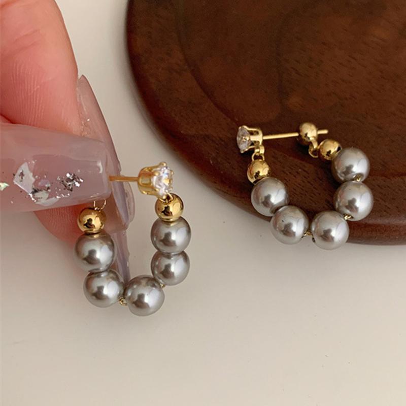 New Delicate Gray Pearl Zircon Hoop Earrings for Women Vintage Elegant Crystal Beaded Earrings Bride Wedding Jewelry Gifts
