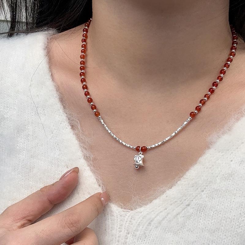 Sterling Silver Red Agate Bell Necklace - Women's Christmas Light Luxury Clavicle Chain