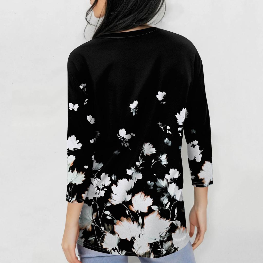 Women's Fashion Casual Seven Sleeve Printed Round Neck T-Shirt Top