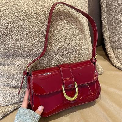 Bolso de hombro burdeos brillante para mujer, nuevo diseño vintage con cierre, de piel suave, bandolera de moda para mujer.