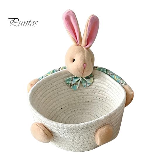 Gentle Color Storage Basket Desktop Basket, Cartoon Plush Bear And Rabbit Rope Decorative Plaid Bow Organizer Shape, Woven for Small Items Jewelry