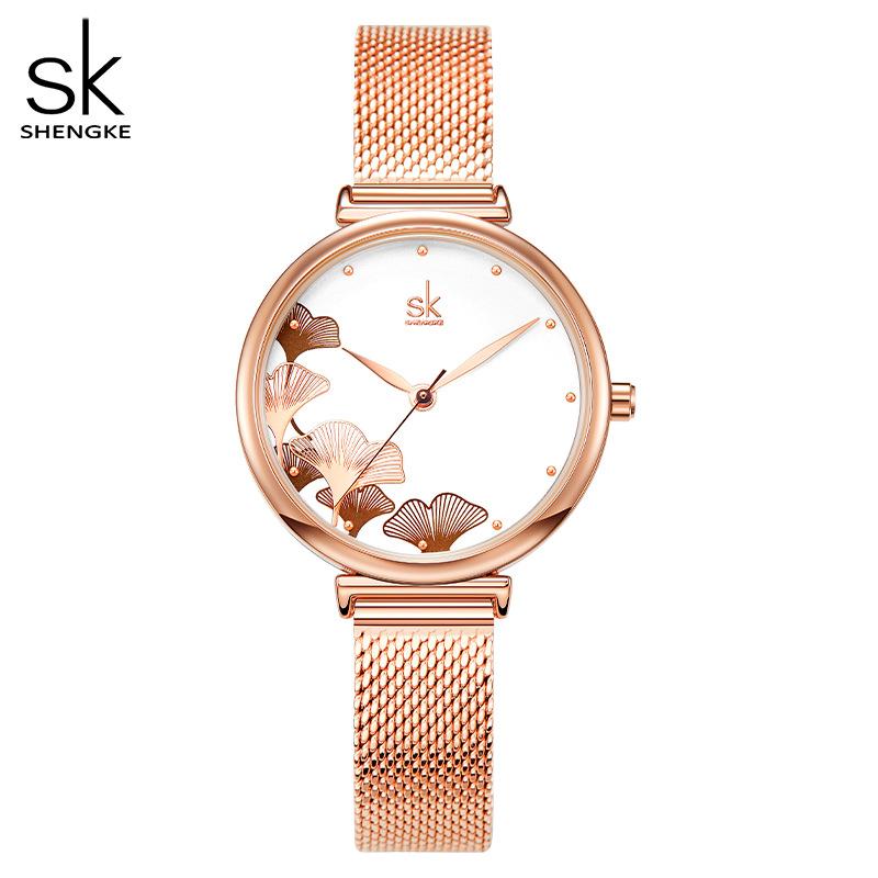 Women'S Watch Women'S Ginkgo Biloba Pattern Steel Mesh Strap Famous Watch Waterproof Watch High Value Quartz Watch 0139