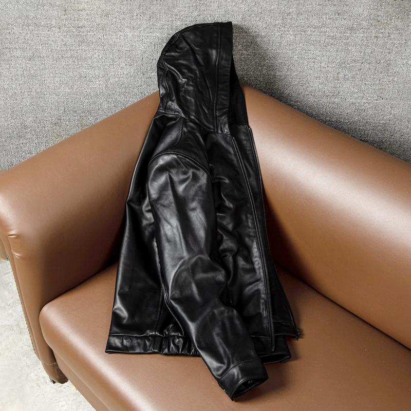 New Genuine Leather Hooded Jacket for Men Pure Top Grain Cowhide Casual Big Size Autumn Winter Coat
