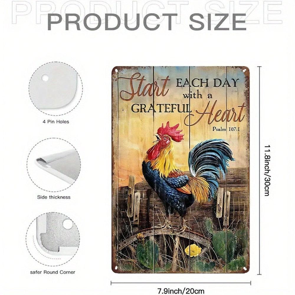 InspirationalFarm Rooster Metal Plaque, Vintage "Grateful Heart Psalm107:1"Decor, Home Art Accent for Farmhouse & Christian Fans