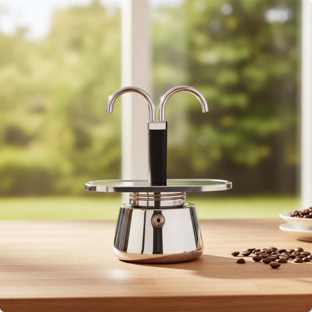 Italian Coffee Pot with Dual Spouts Stainless Steel Double Spout Espresso Maker Compact