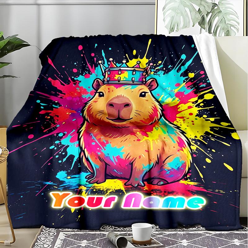 1PC Custom Name Colorful Capybara Majesty flannel blanket versatile,all-season throw suitable for the living room,bedroom,camping,travel,and gift