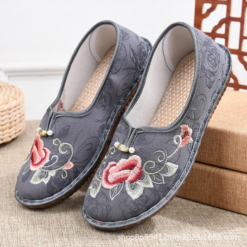 Womens Comfortable Flat Slip-On Shoes With Floral Embroidery Non-Slip Rubber Sole Cotton Upper Insole