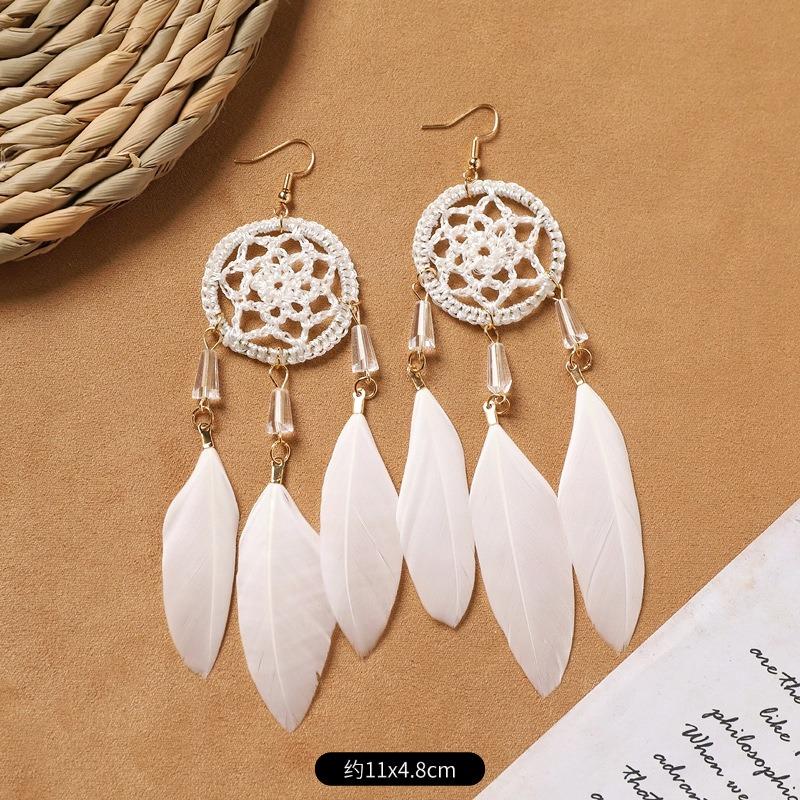 Bohemian Feather Earrings White Long Vintage Personality Tassel Women's Holiday Earrings