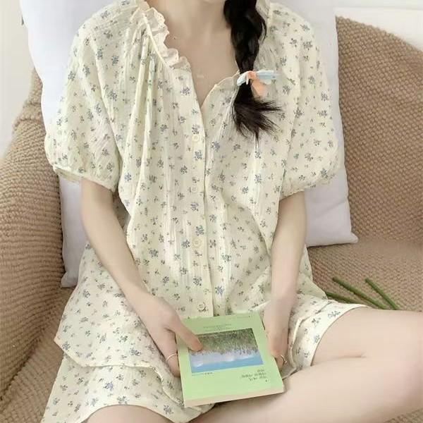 

Sweet full print floral pajamas women s summer short-sleeved shorts ins style suit beautiful girl loungewear two-piece set s [recommended weight 35-40kg]