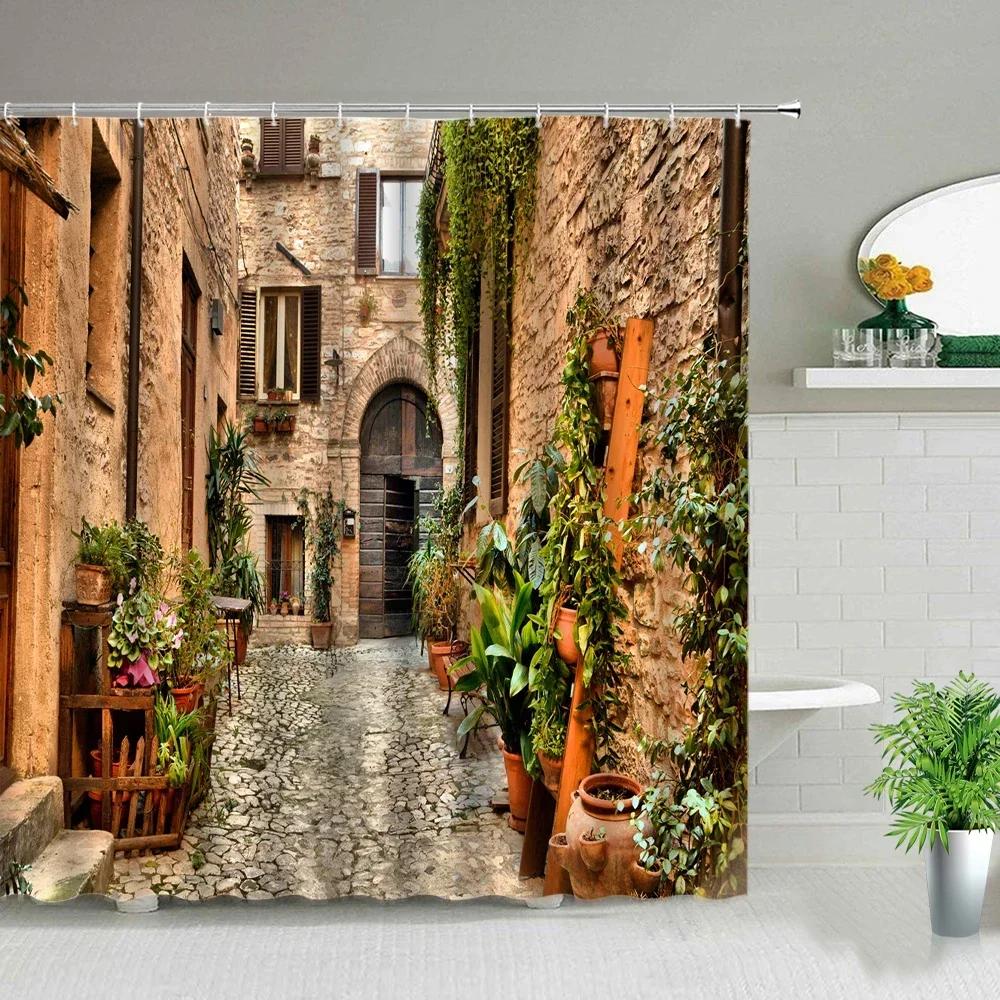 Purple Flowers Scenery Waterproof Shower Rural Street Landscape Floral Bathroom Curtains Washable Home Decor With XT6