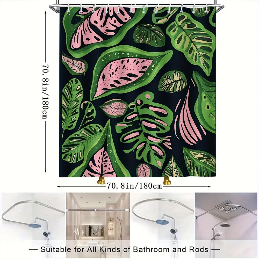 Monstera Leaf Shower Curtain 1pc – Green Pink Tropical Leaves on Dark Background for Modern Bathroom Decor