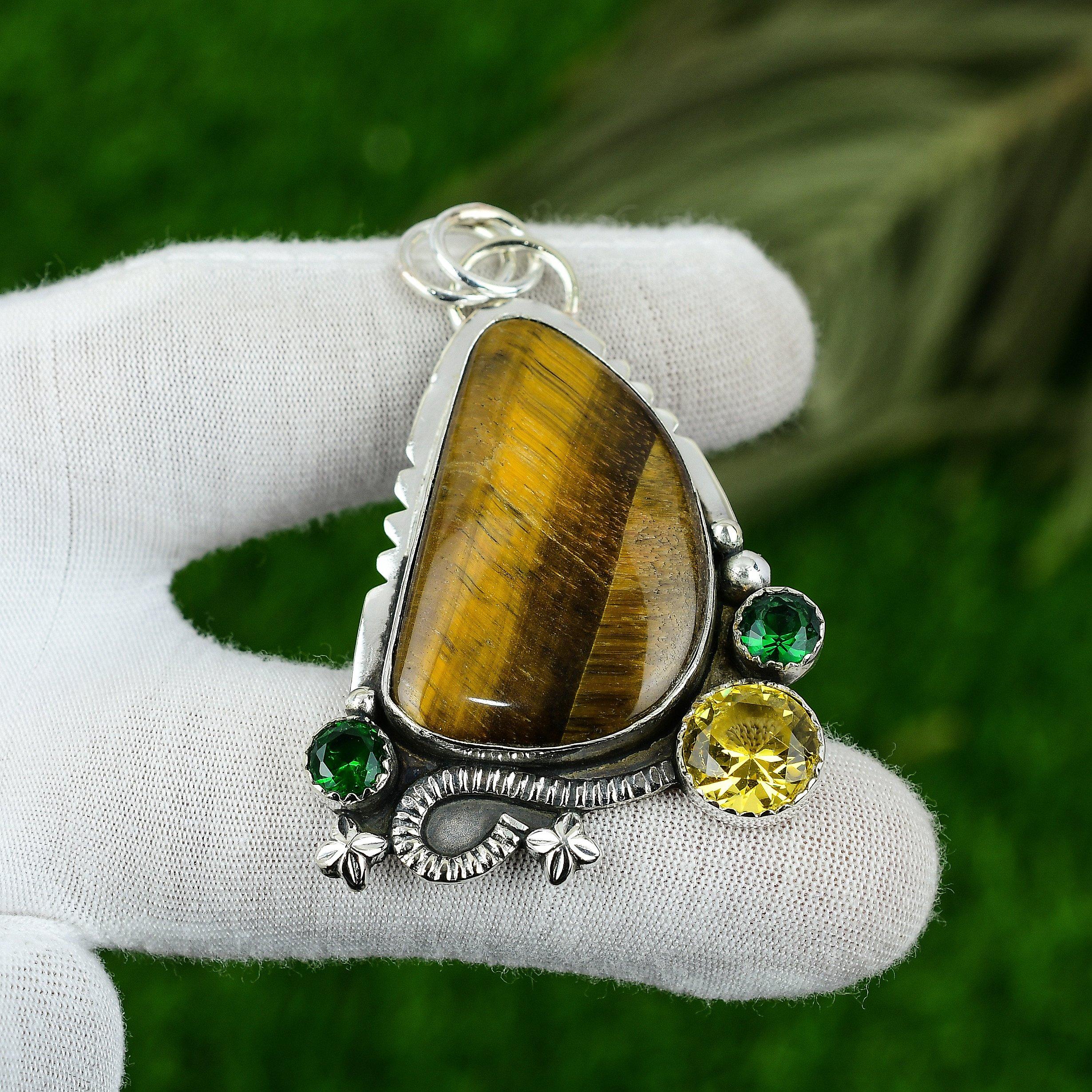 Натуральный камень Тигровый глаз Подвеска Желтое 925 стерлинговое серебро Индийские украшения