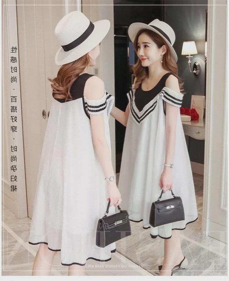 New Arrival: Large Size Off-Shoulder Chiffon Dress for Pregnant Women - Korean Style, Mid-Length, Short-Sleeved, Perfect for Spring & Summer