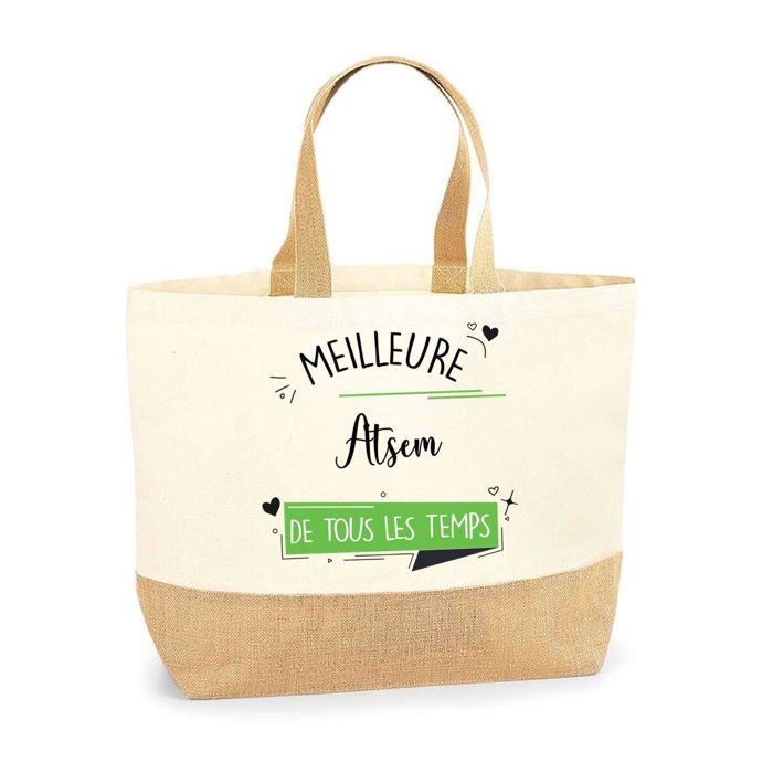 Sac cabas - PLANETEE - Atsem Meilleure de tous les temps - Jute - Imprimé en France - Grande contenance