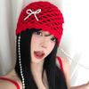 Bohemian Style Crochet Knitted Hat Hollow Out Weave Cap Cute Bow Pearl Beanies  Girls