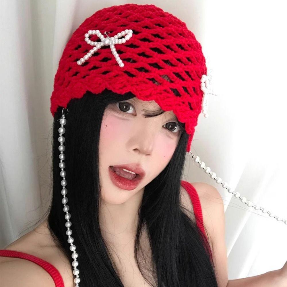 Hollow Out Crochet Knitted Hat Pearl Tassels Weave Cap Vintage Ethnic Style Hat  Outdoor