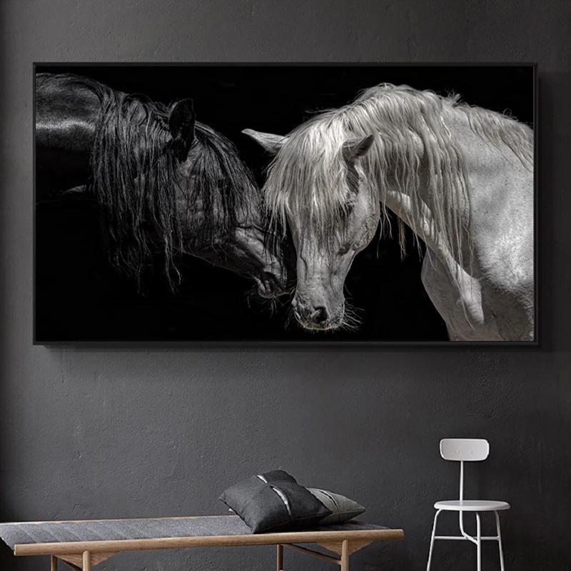 

Black and white horse canvas painting, africa double horse poster, wall art image for living room, home decoration
