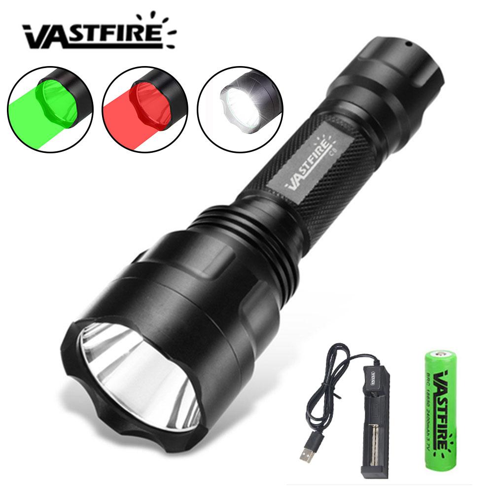 C8 LED Flashlight Outdoor White/Green/Red Light Torch Using 18650 Handheld Manual Torch For Tactical Hunting Waterproof Lantern