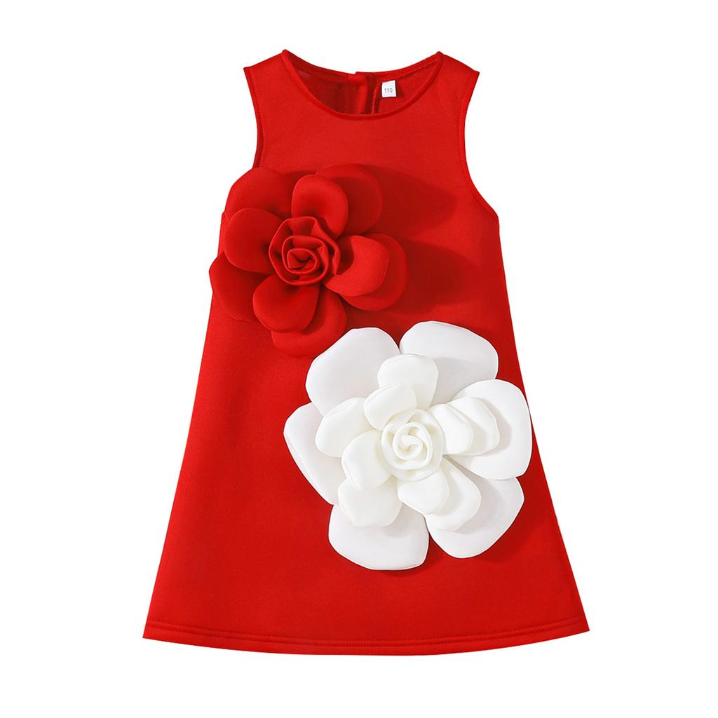 Girls' Light Luxury Dress Three-dimensional Red and White Flower Vest Dress Baby Sweet Banquet Outgoing Dress