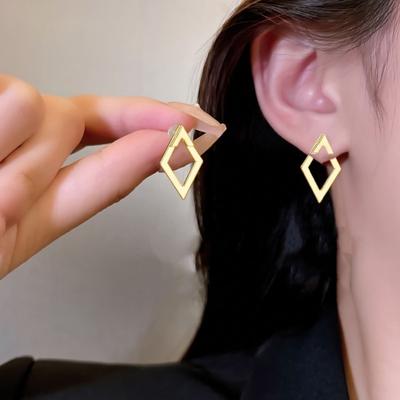 1 Pair Women Geometric Rhombus Earrings Hypoallergenic Lightweight Minimalist Statement Earrings Hollow Square Front Back Metal Stud Earrings Jewelry