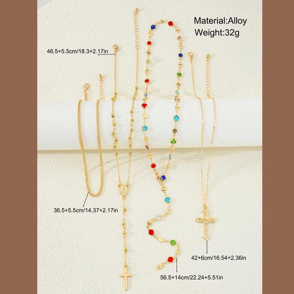4Pcs Trendy Cross Pendant Necklace For Women Colorful Crystal Chain Rosary Y Necklace Female Fashion Jewelry Gift