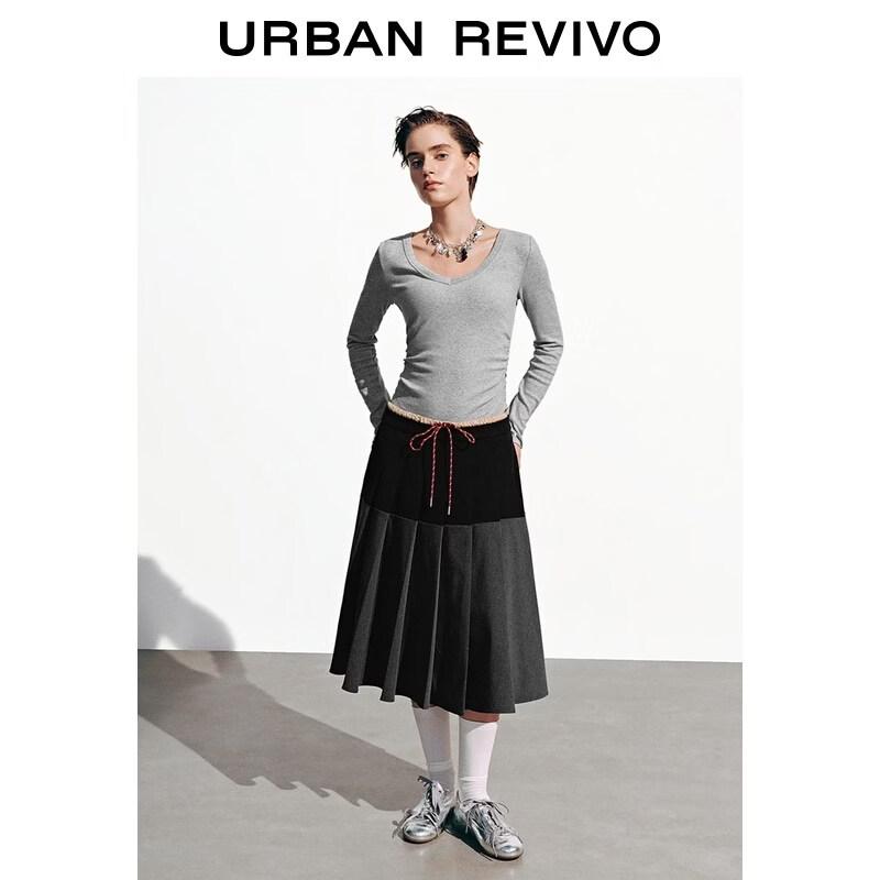 UR2026 Women's V-Neck Pleated Slim Long-Sleeve T-Shirt