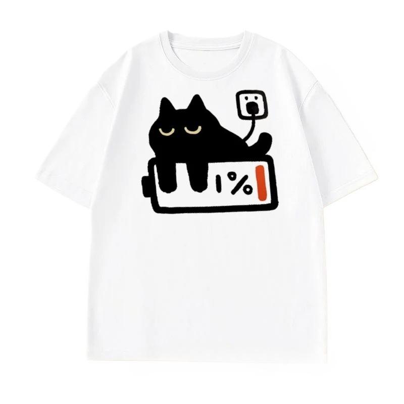 Funny Cat Charging T-shirt for Women Casual T Shirts Short Sleeved Tees Female Tops Summer Streetwear Round Neck Breathable Top