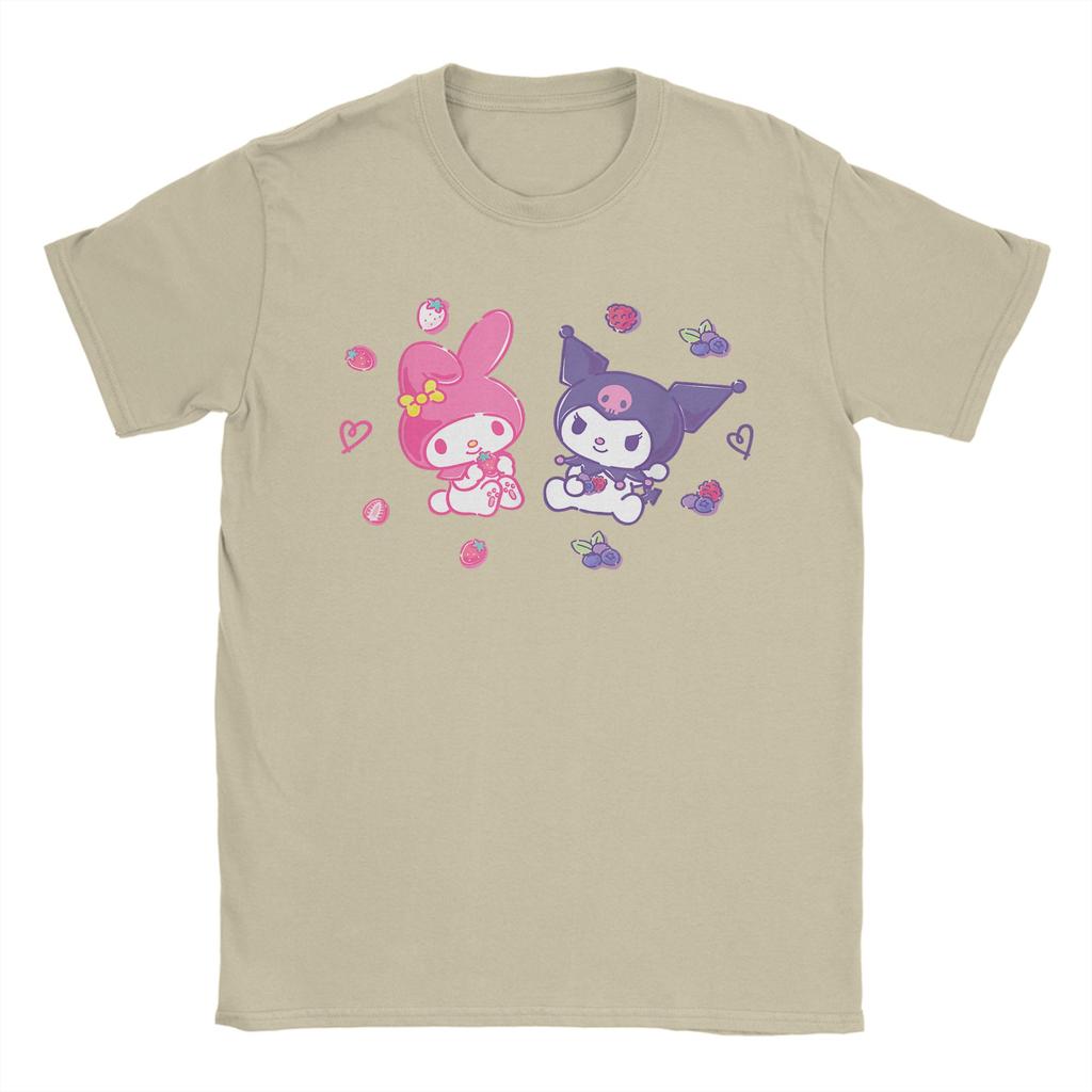 Casual Kuromi and My Melody Berries TShirt for Unisex Round Collar Cotton T Shirts  Short Sleeve Tees Big Size Clothes