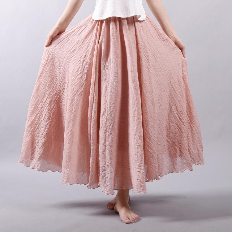 Women's Elegant High Waist Linen Maxi Skirt Summer Ladies Casual Elastic Waist 2 Layers Skirts Saia Feminina