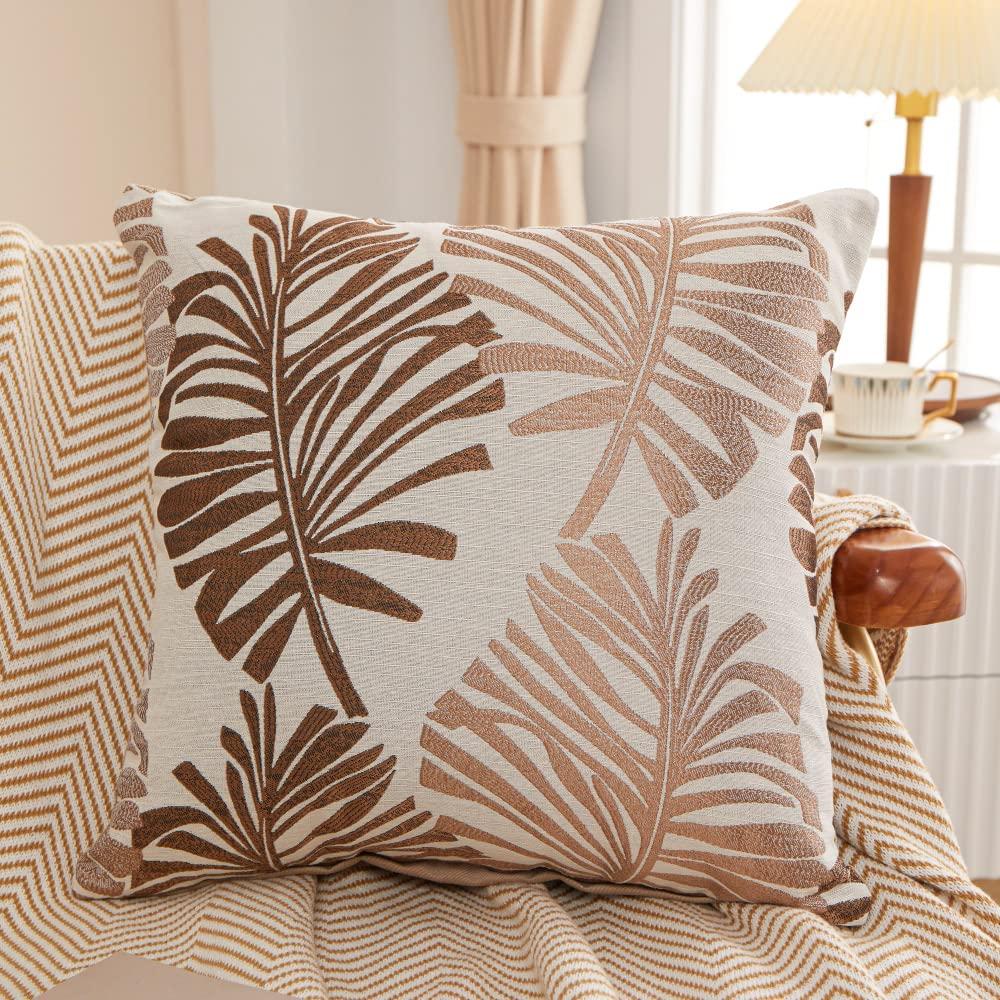 YunJeude Cushion Set of Nordic Cotton and Stylish and Cute Leaf Jacquard Zipper Modern Interior Design Color Covers, 45x45cm, 4, Style, Linen,