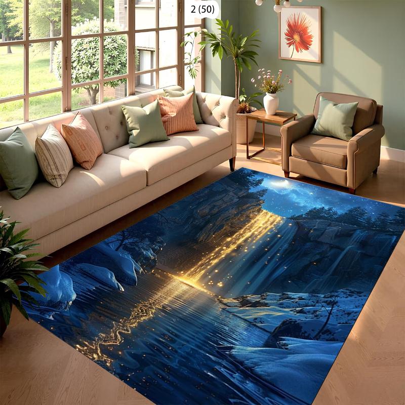 Deep Blue Rock Stream Waterfall Rug Carpet Mat Non-Slip for Living Room Bedroom Cool Home Decor