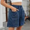 Summer Loose Fit Denim Shorts Women Casual Elastic Waist Wide Leg Jeans Short Pants Two Front Pockets