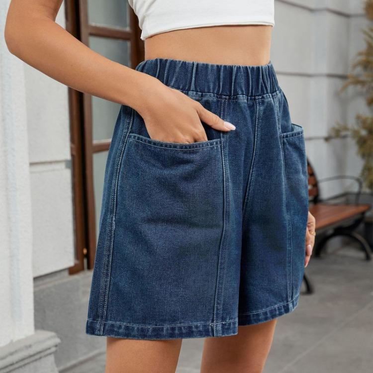 Summer Loose Fit Denim Shorts Women Casual Elastic Waist Wide Leg Jeans Short Pants Two Front Pockets