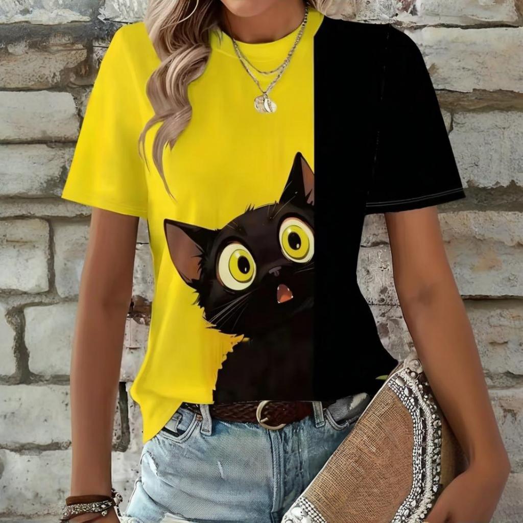 Summer Round Neck 3D Animal Cat Print Top Fashionable Casual Short Sleeved Women's T-shirts