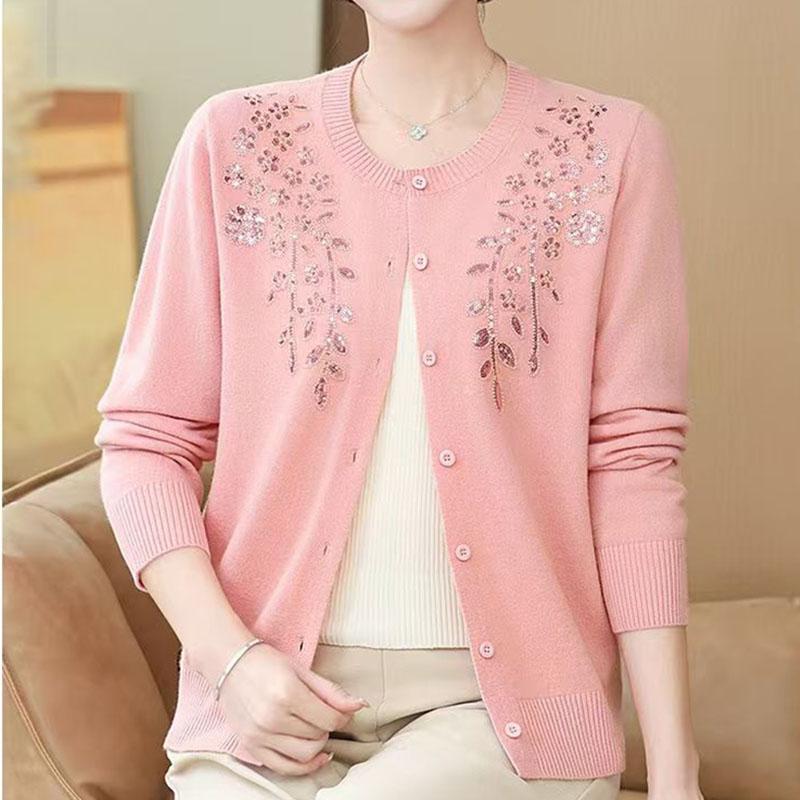Autumn Women's Wool Cardigan Embroidered Rhinestone Round Neck Knitted Cardigan Sweater