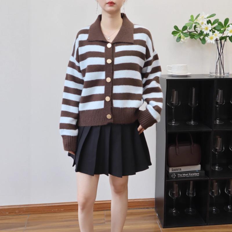 Retro contrasting color striped lapel knitted cardigan autumn and winter new design loose sweater jacket women