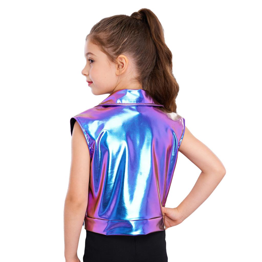 Chaleco de Hip Hop Unisex para Niños: Chaqueta Metálica sin Mangas con Cremallera y Cuello de Solapa para Actuaciones en Escenario y Fiestas