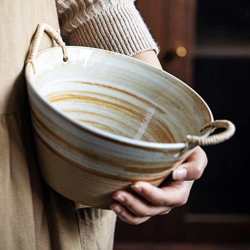 Japanese Vegetable Plate Retro Soup Plate Coarse Pottery Braided Rope Binaural Plate Creative Deep Plate Household Salad Fruit Plate Micro-Defects