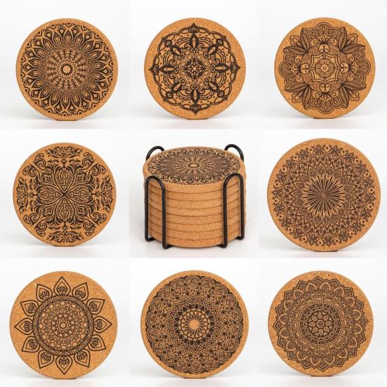 8Pcs Cork Coasters with Rack Round Retro Coasters Absorbent Heat-Resistant Table Mats Insulated Dining Placemats for Table Protection