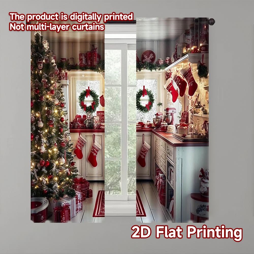 

2pcs 2D flat printing Merry Christmas Popular Curtains Christmas4 Durable 100% Polyester Fabric Without Electricity Versatile 100*130 Rod Pocket 1pcs