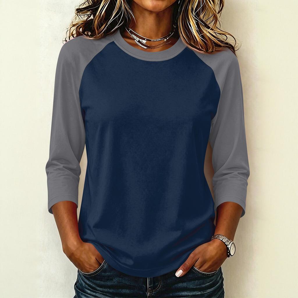 Women's Casual Color Block Pullover T-Shirt, Raglan 3/4 Sleeve, Round Neck, Lightweight Top for Summer, Spring, and Fall