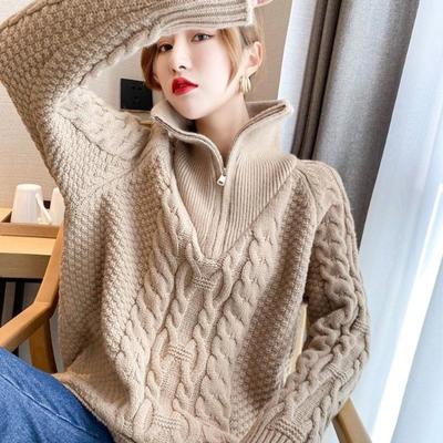 Zipper High Neck Sweater Pullover 2022 New Women Autumn and Winter Loose Outwear Long Sleeve Knitted Sweater Pullover Female Top