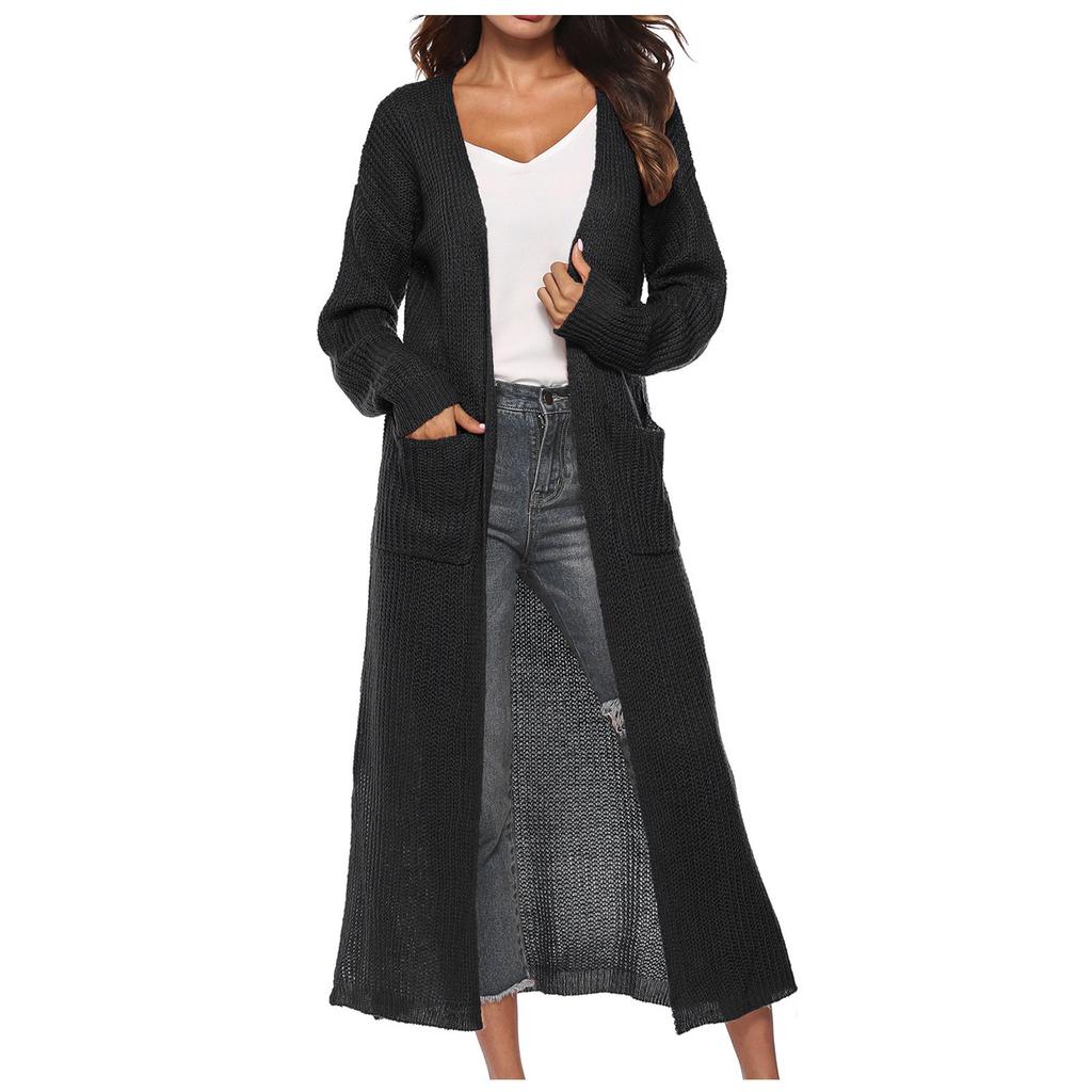 Women's Fashion Casual Button  Solid Color Big Pocket Cardigan Sweater Long Thin Coat