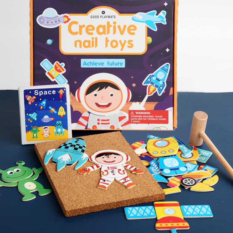 Детская креативная деревянная доска-пазл с гвоздями - Развивающая игрушка-игра