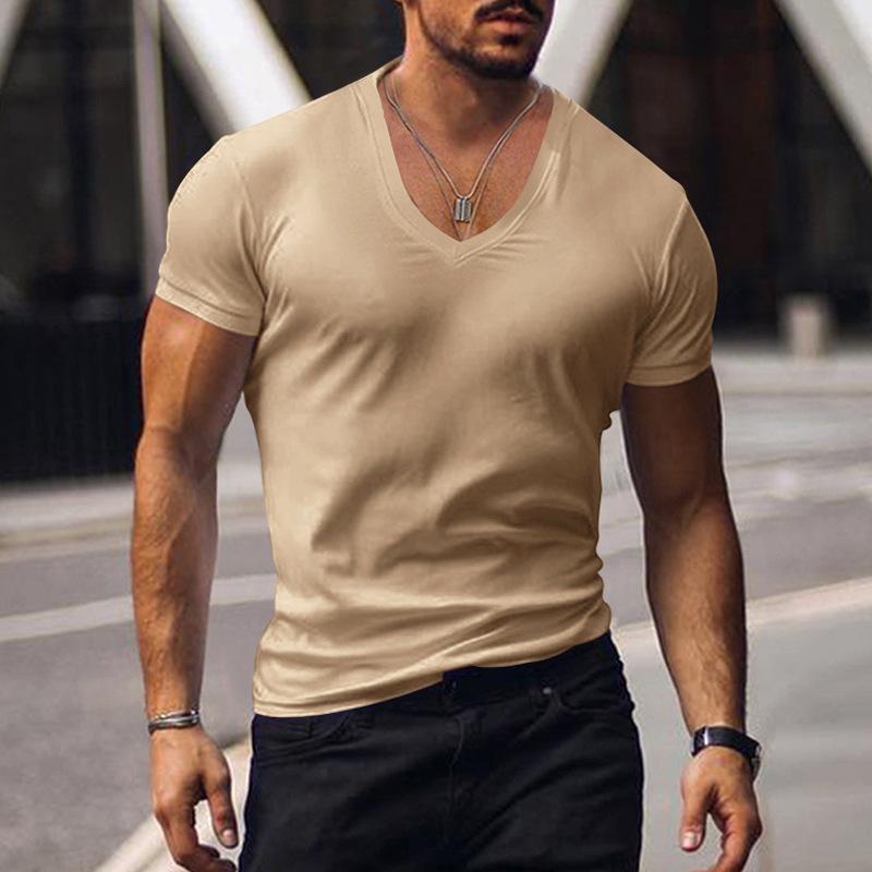 Top Men's V-neck Solid Color Large Size Casual T-shirt Short Sleeve Men's Wear